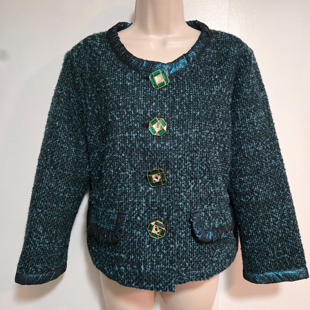 St John 14 Evening Jacket Shimmer Teal Blue Embellished Italian Slub Tweed NEW